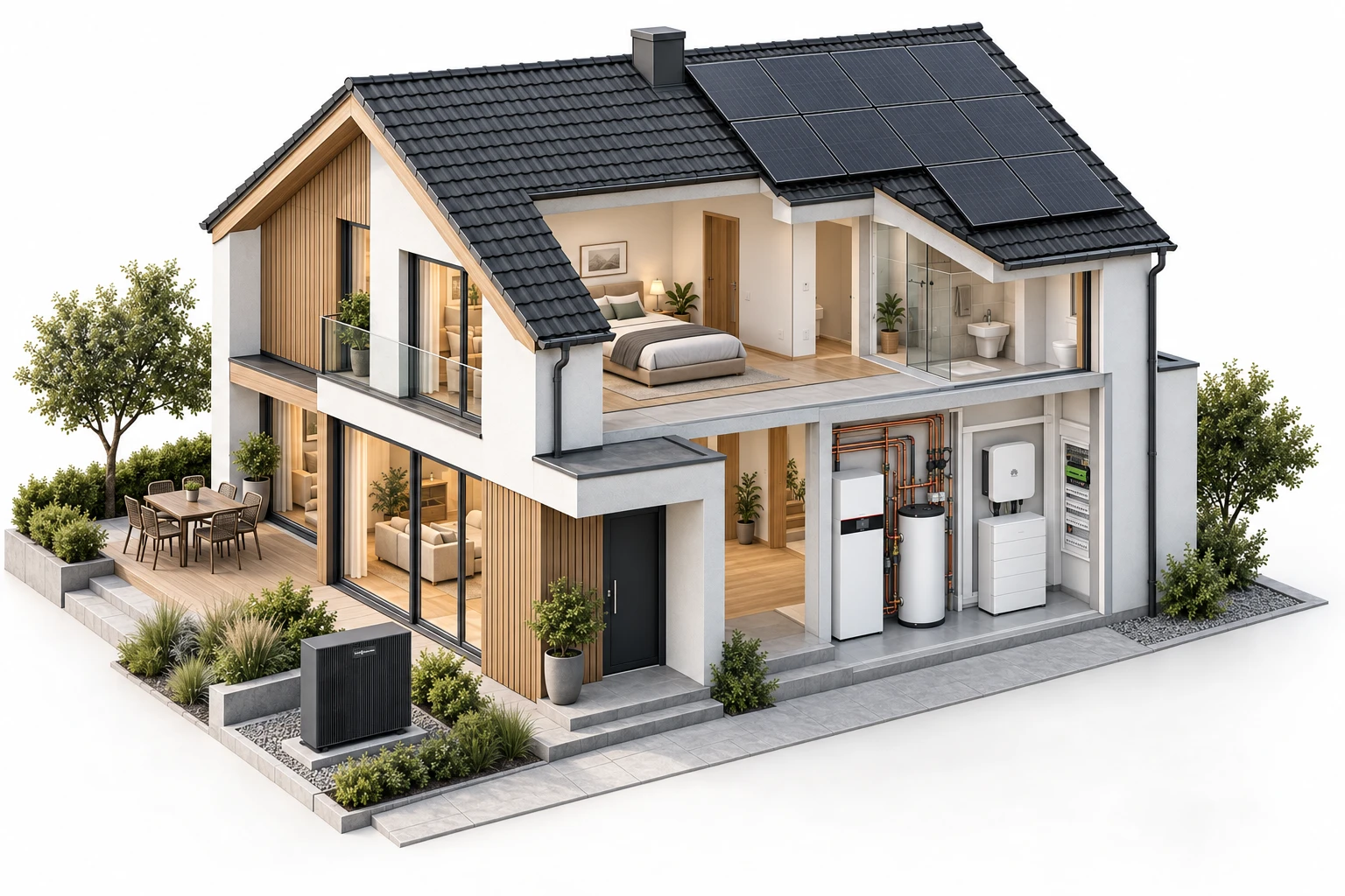 Cutaway house with heat pump at the front left, rooftop solar panels and a technical room on the right.