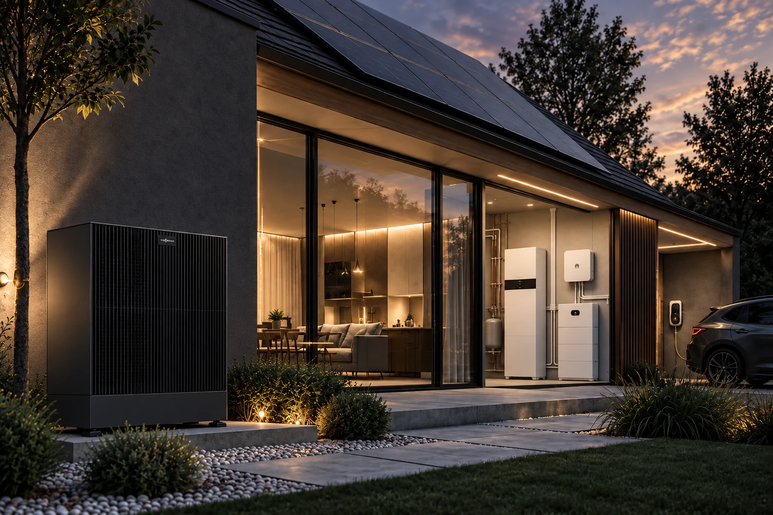 House with solar panels, heat pump and technical equipment