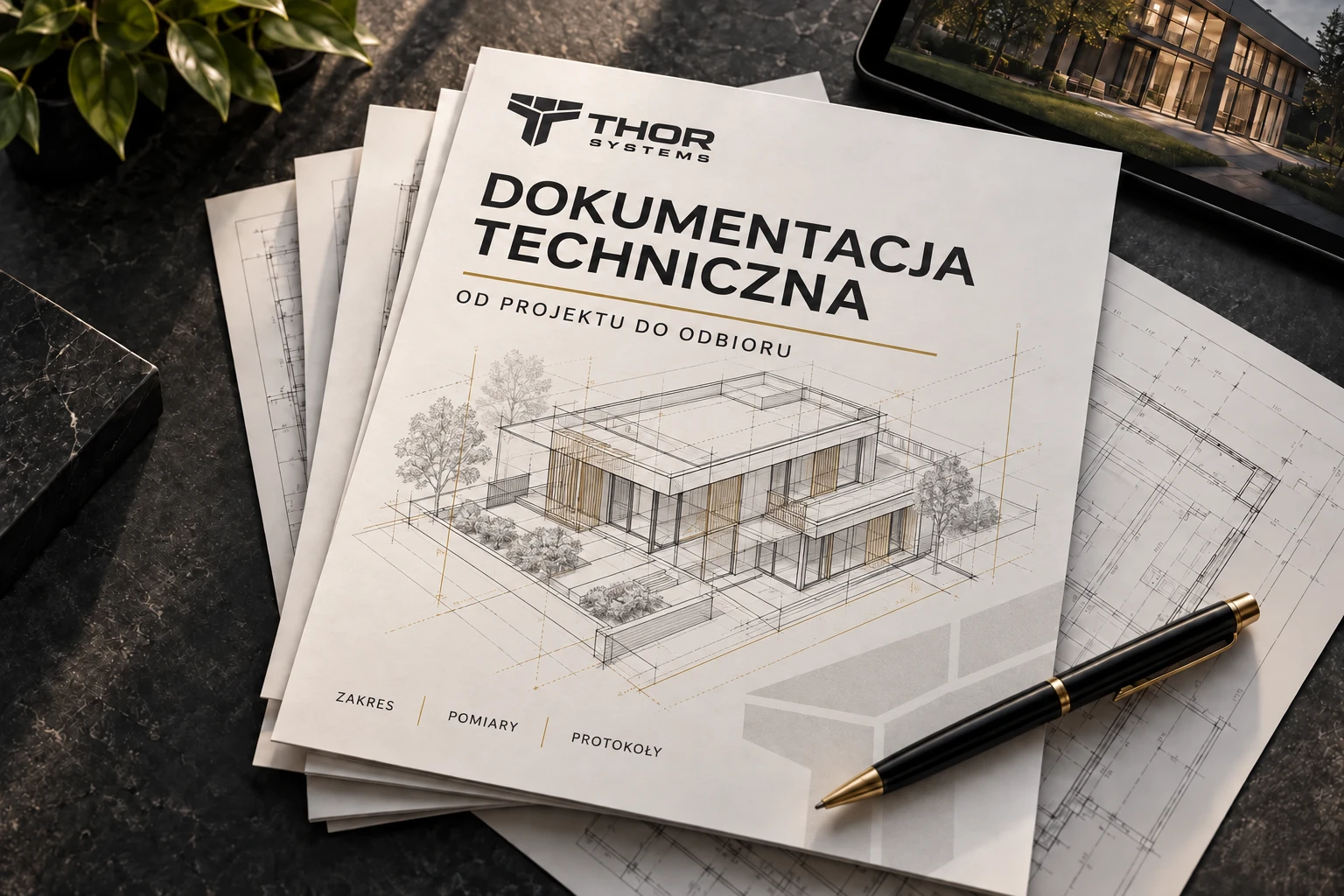 Technical documents, drawings and a tablet