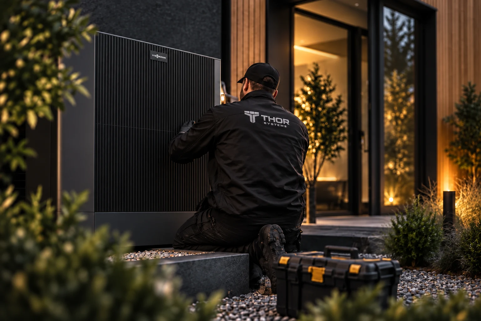 Technician working on a heat pump